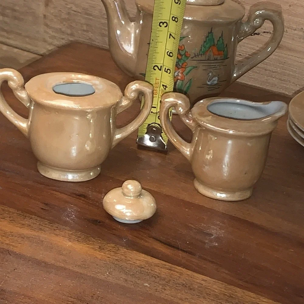 VTG Miniature Child Tea Set Pearlescent Lusterware Japan Flowers Swan House 11pc